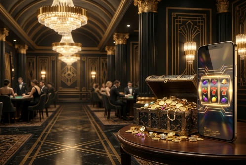 Cofre de monedas doradas junto a un teléfono con rodillos iluminados